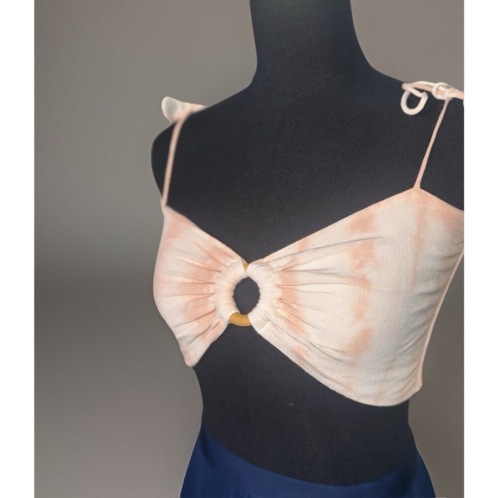 Tie-Dye Ring Front Tassel Crop Top Boho Festival Beach Rayon Bralette Peach Pink
